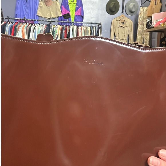 Furla Brown Leather Scalloped Tote Bag Made in Italy Vintage Minimalist Shoulder - Picture 5 of 5